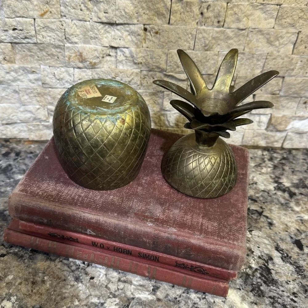 Vintage Brass Pineapple Jar Container Canister with Lid  7'' Tall Mid Century